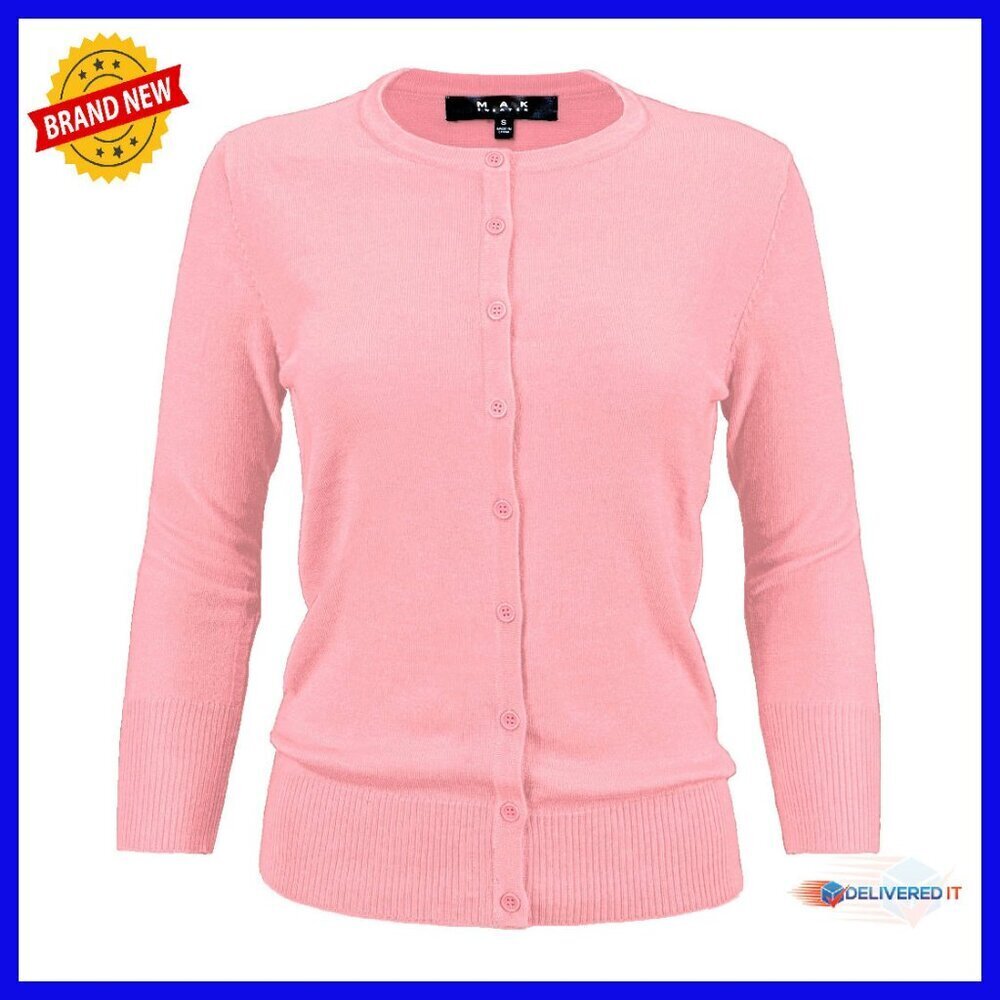 Soft Lightweight Knit Cardigan 3/4 Sleeve Crewneck Button Down